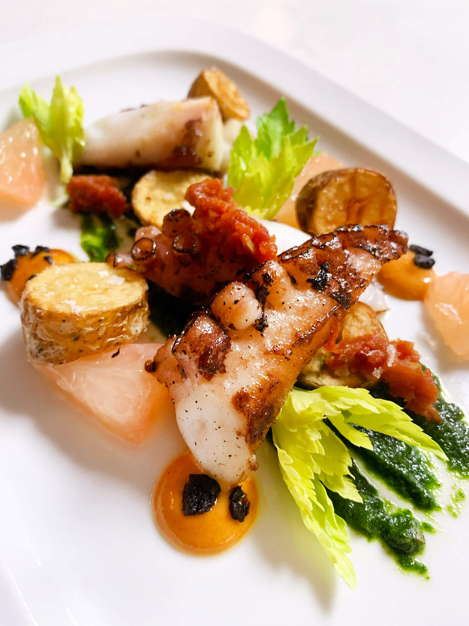 Grilled octopus tentacle with roasted potatoes, celery leaves, grapefruit segments, and colorful sauce on a white plate.