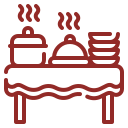 Line art of a buffet table with steaming pots, a cloche, and stacked plates representing catering service.