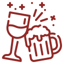 Line art icons of a wine glass and a beer mug clinking together with celebratory sparkles.