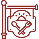 Icon of a restaurant signpost with a banner showing a sunrise and crossed fork and spatula.